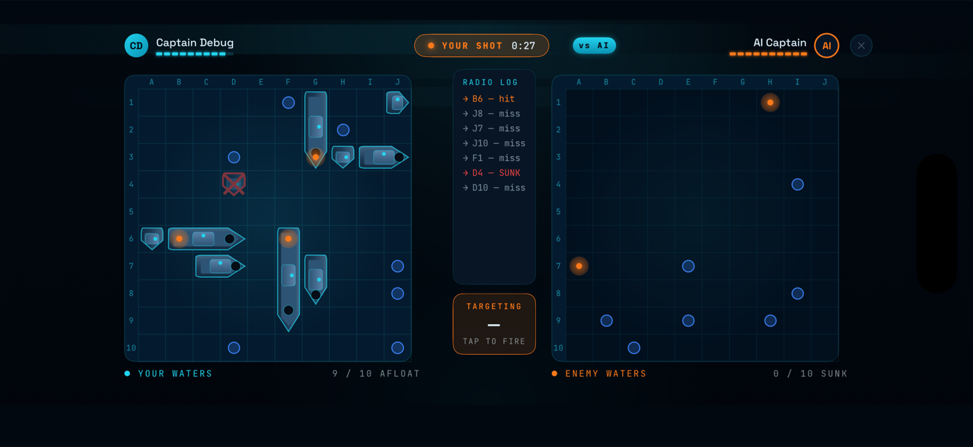 Mid-battle: your waters and enemy waters grids with radio log