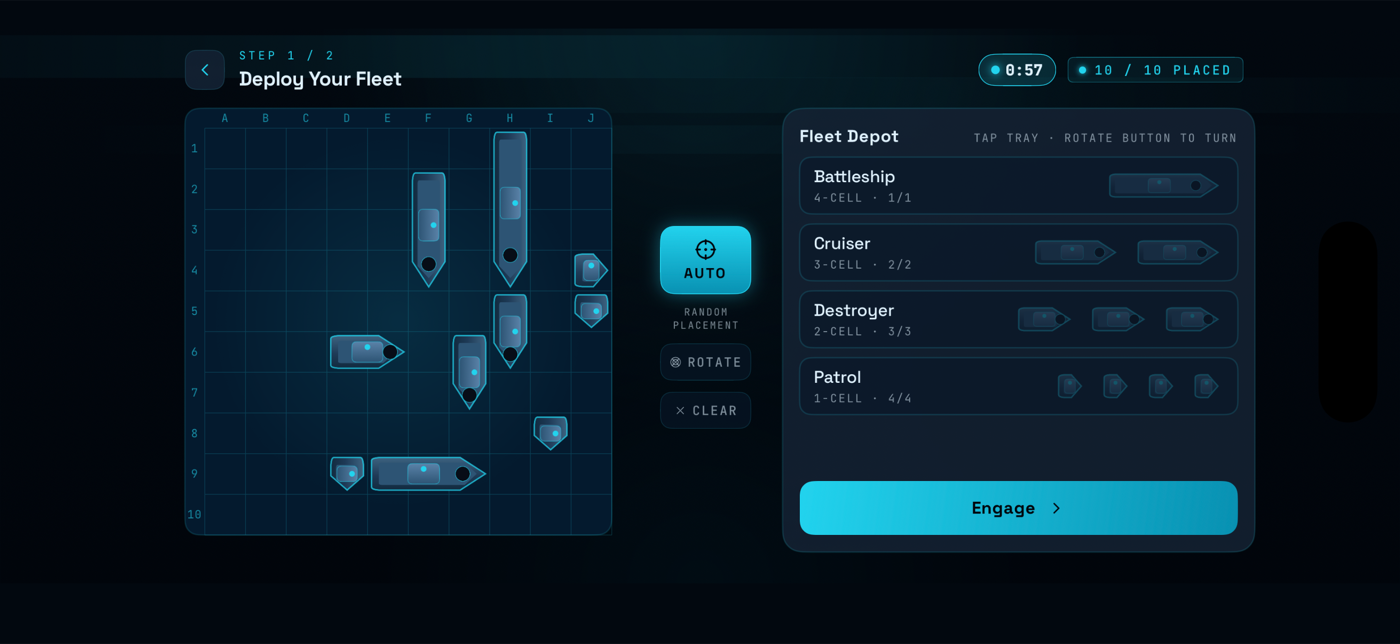 Deploy your fleet: placement screen with fleet depot